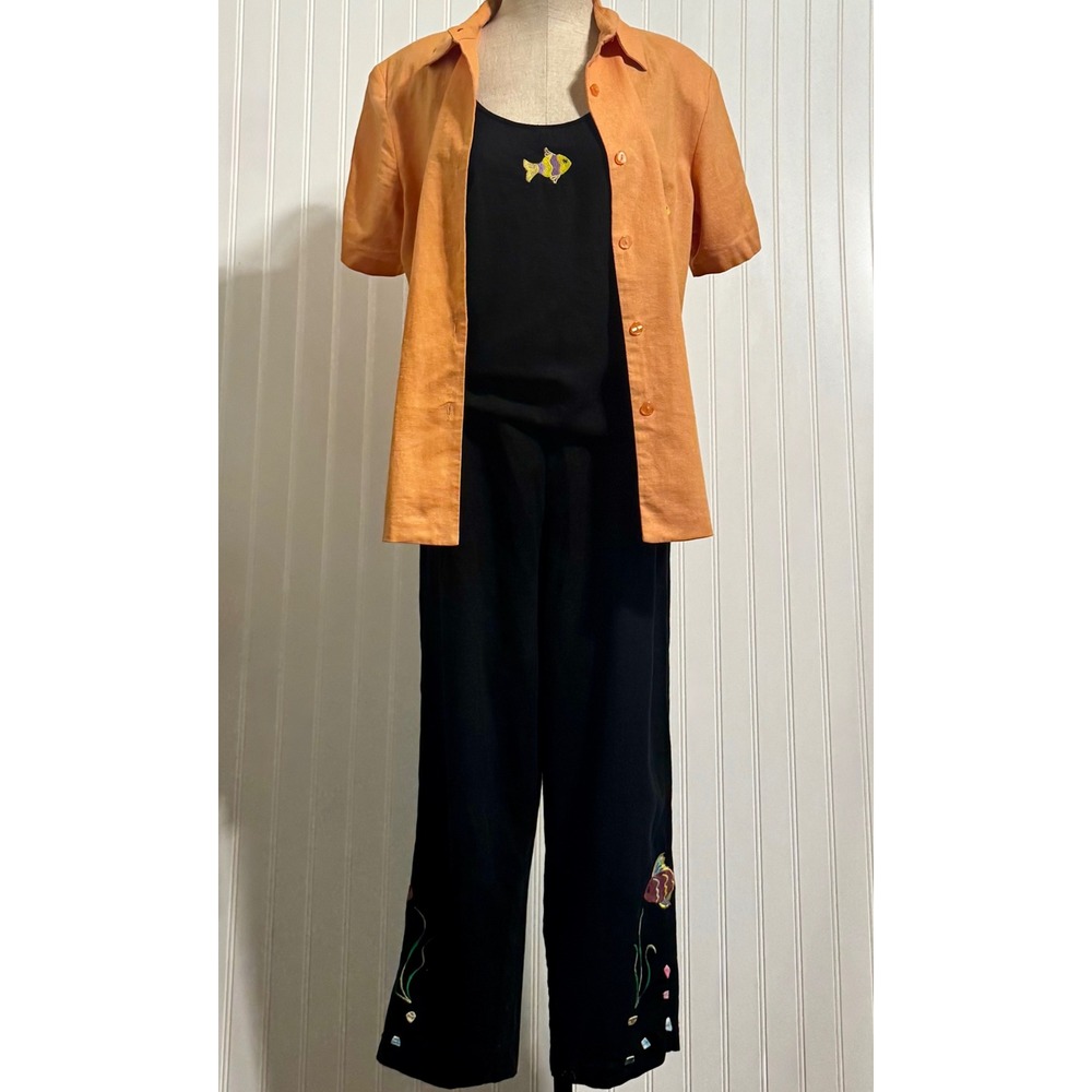 Aldo Trevi Womens M Linen 3Pc Set Orange Black‎ Novelty Fish Coastal Vintage